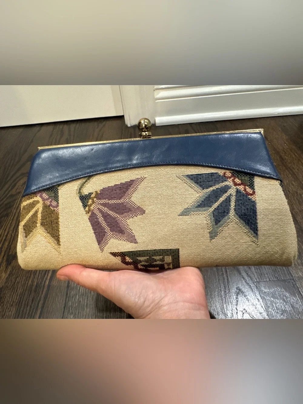 Vintage Floral Tapestry & Blue Leather Clutch Purse